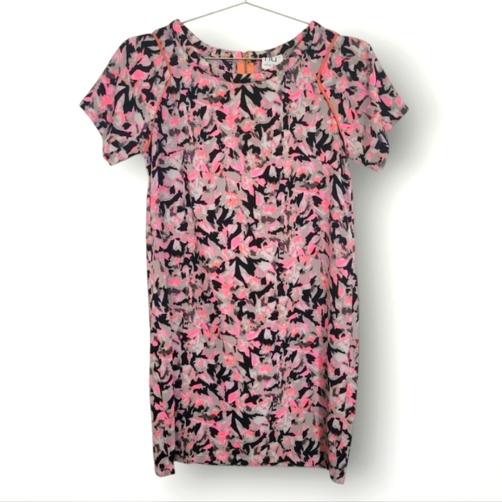 Nu New York Floral Neon Dress Pink Black Size Large L Short Sleeve Shift